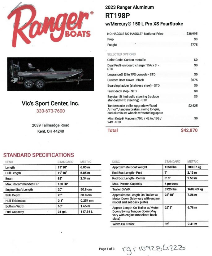 2023 Ranger Boats RT198P Stock: 11092K223