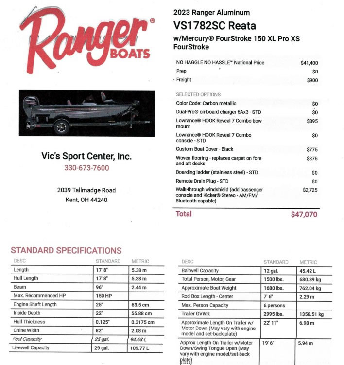 2023 Ranger VS1782 WT - Mercury 150 XS Four Stroke