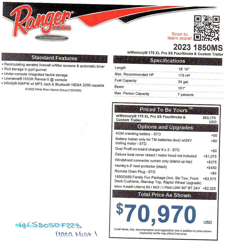 2023 Ranger 1850MS Reata - Mercury 175 XS Four Stroke