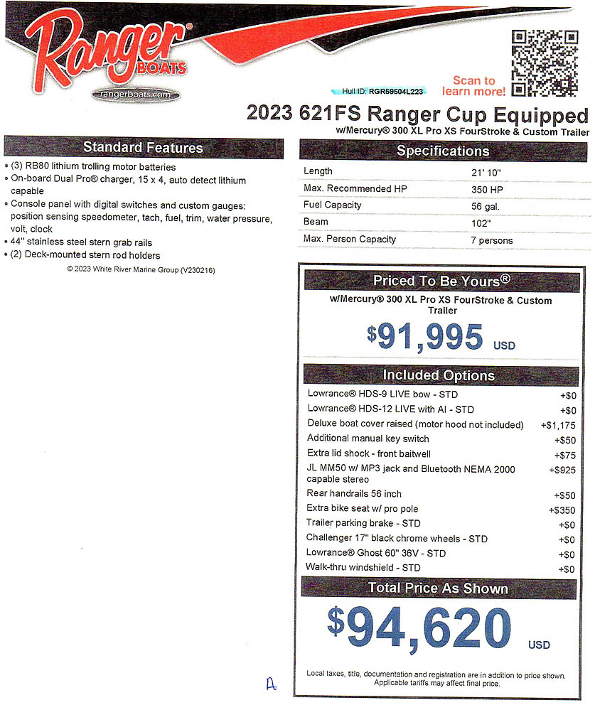 2023 Ranger 621FS Ranger Cup - Mercury 300 XS Four Stroke