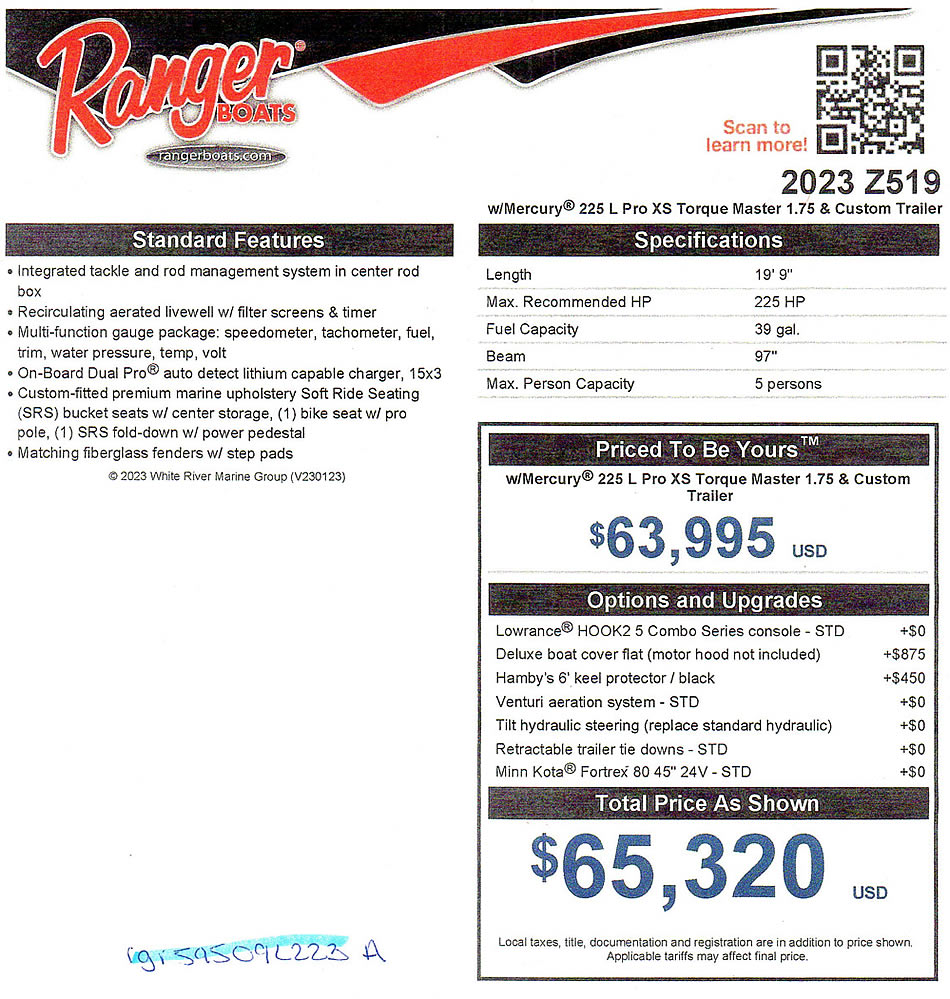 2023 Ranger Z519 - Mercury 225 Pro XS Four Stroke