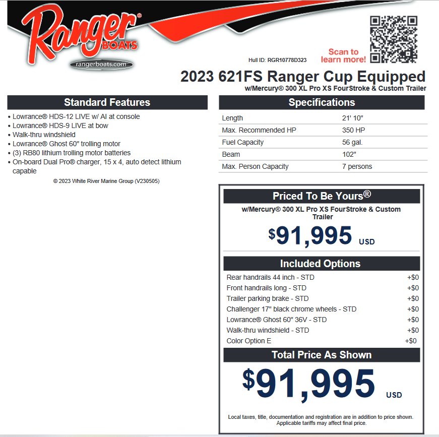 2023 Ranger 621FS RC - Mercury 300 XS Four Stroke