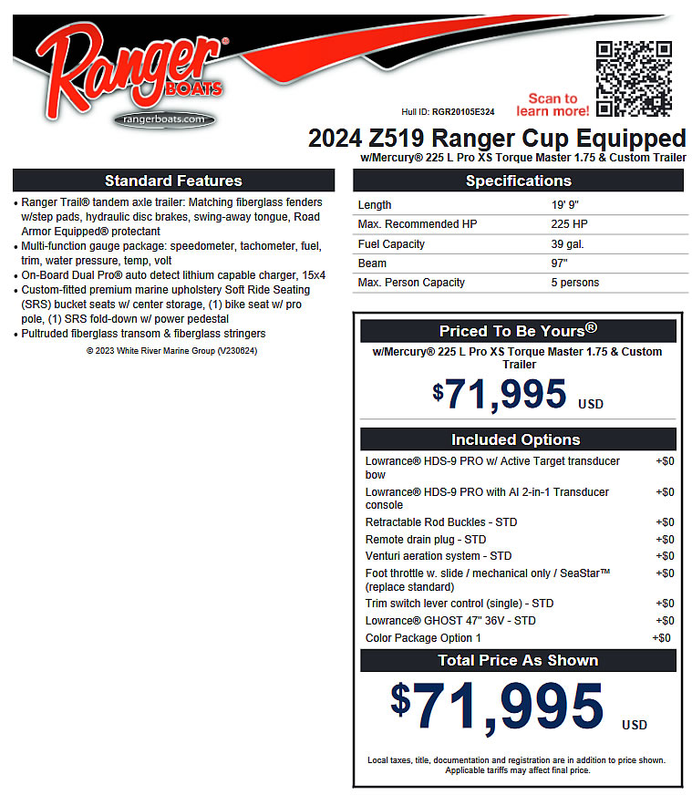 2024 Ranger Z519 Ranger Cup - Mercury 225 XS
