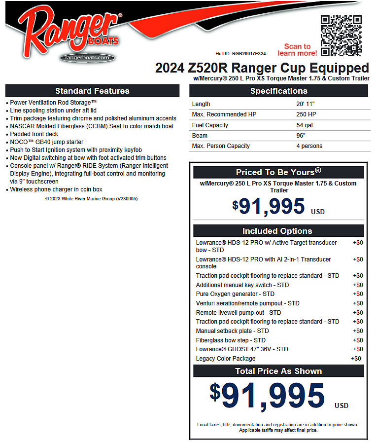 2024 Ranger Z520R Ranger Cup - Mercury 250 XS Four Stroke