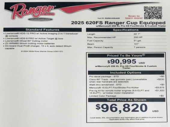 2025 Ranger 620FS Ranger Cup - Mercury 250 XS Four Stroke