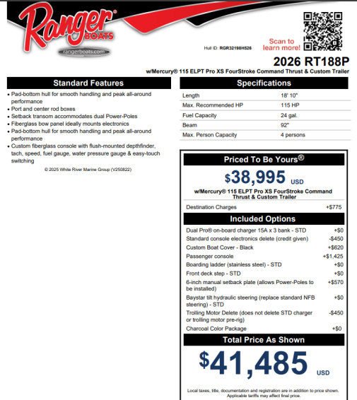 2026 Ranger RT188P SC - Mercury 115 XS Four Stroke