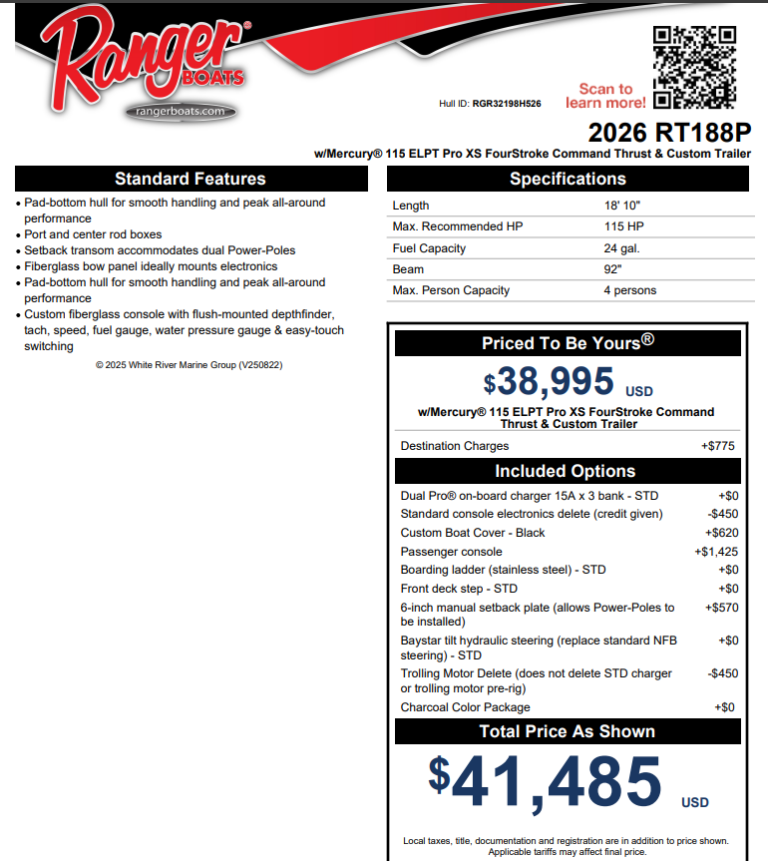 2026 Ranger RT188P DC - Mercury 115 XS Four Stroke - VICS BOATS HOME