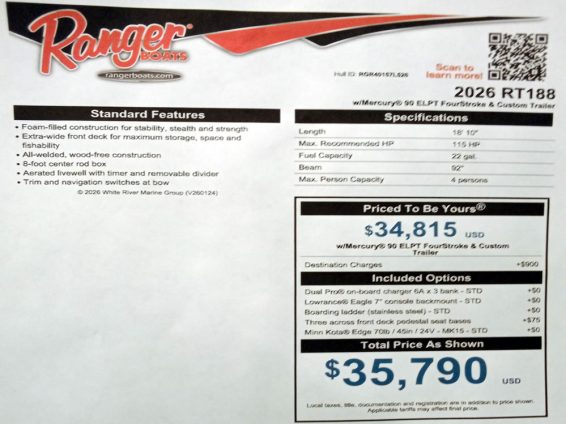 2026 Ranger Aluminum RT188 - Mercury 90 Four Stroke