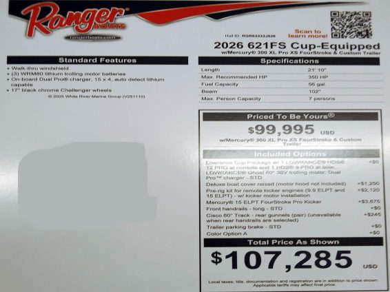 2026 Ranger 621FS WT - Mercury 300 XS Four Stroke