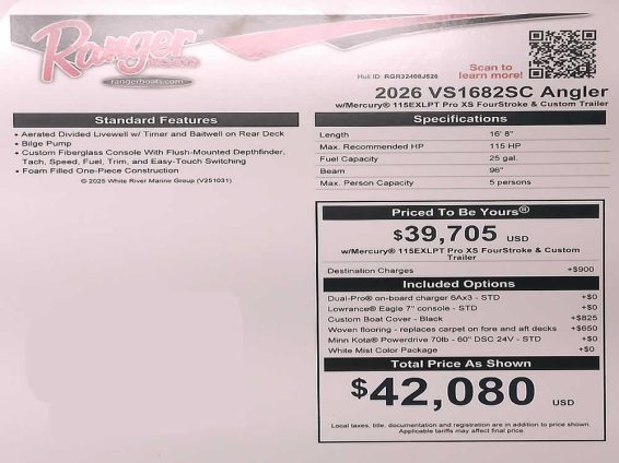 2026 Ranger VS1682 SC - Mercury 115 XS Four Stroke
