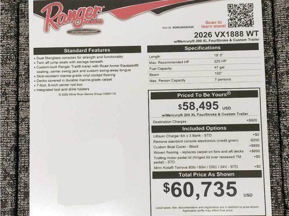 2026 Ranger Aluminum VX1888 WT - Mercury 200 Four Stroke