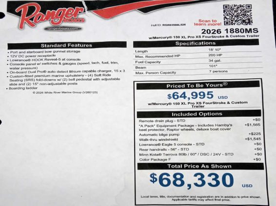 2026 Ranger 1880MS Angler WT - Mercury 150 XS Four Stroke