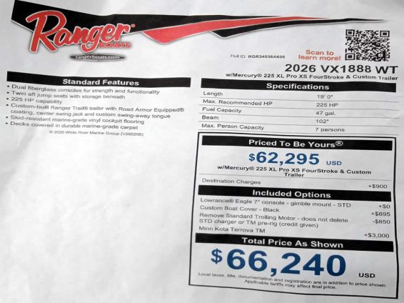 2026 Ranger VX1888 WT - Mercury 150 XS Four Stroke